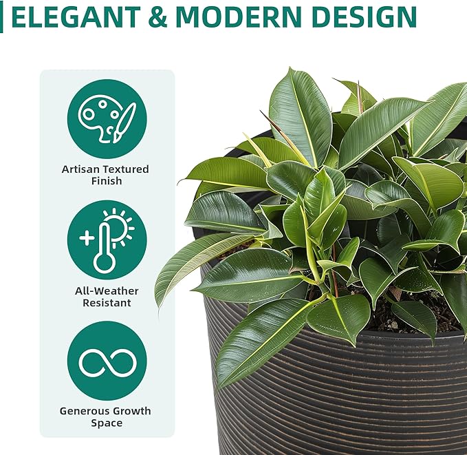 23.5" H Tall Planters, 2-Pack Taper Large Flower Pots for Indoor Outdoor Use, UV-Protect PP Plant Container for Garden Patio Yard Balcony Porch or Home Decor, Bronze Vertical Stripes Texture