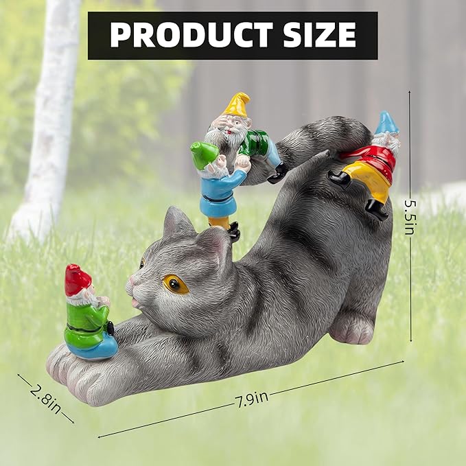 Adorable Cat with Gnomes Garden Statue, Hand-Painted Resin Outdoor Decor for Patio & Lawn, Unique Gift for Cat Lovers & Mothers, Weatherproof Yard Ornament