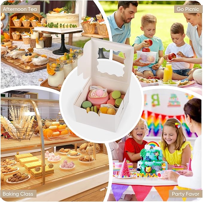 100 Pack Cookie Boxes with Window, 4x4x2.5 Inch White Bakery Box, Kraft Paper Treat Boxes for Pastries, Cookies, Pie, Donuts, Macaron, Strawberry Boxes withTag