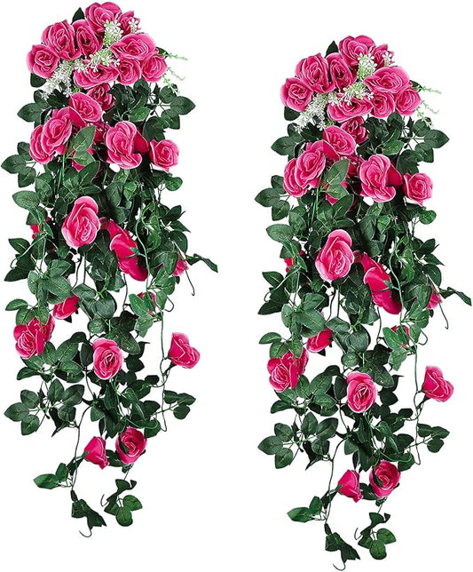 RECUTMS 2PCS Artificial Hanging Flowers 3.3Ft Fake Flower Plants for Home Room Garden Wedding Indoor Outdoor Decoration (Rose Red)