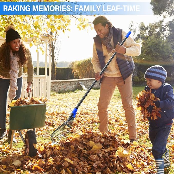 Lightweight Leaf Rake for Lawn, 8-17" Expandable Head with Metal Tines for Leaves, Shrubs & Small Areas, 75-Inch Adjustable Long Handle with Comfort Grip Senior Friendly