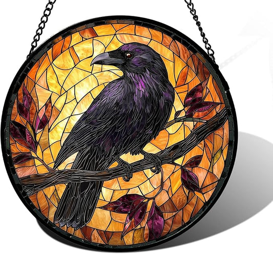 Stained Glass Window Hanging - Crow on a Branch Suncatcher Ready to Hang Window Doors Home Decoration and Christmas, Mother's Day Birthday Gifts for Women, Men, and Mom 11.8x11.8 in