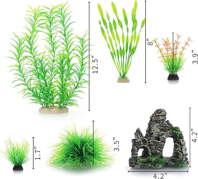 JIHAQUA Auarium Ornaments Fish Tank Decorations Plants with Resin Cave Rock View, 6pcs Decorations Plants Plastic,Fish Tank Accessories (Green)