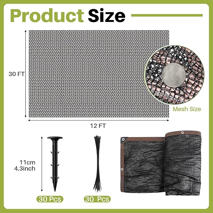 Koi Pond Netting Kit 12 x 30ft, Heavy-Duty Pe, Bird Deer Fence Netting, Durable Net Cover for Leaves, Protect Fish from Blue Heron Bird, Cats & Predators, Stakes & Ties Included