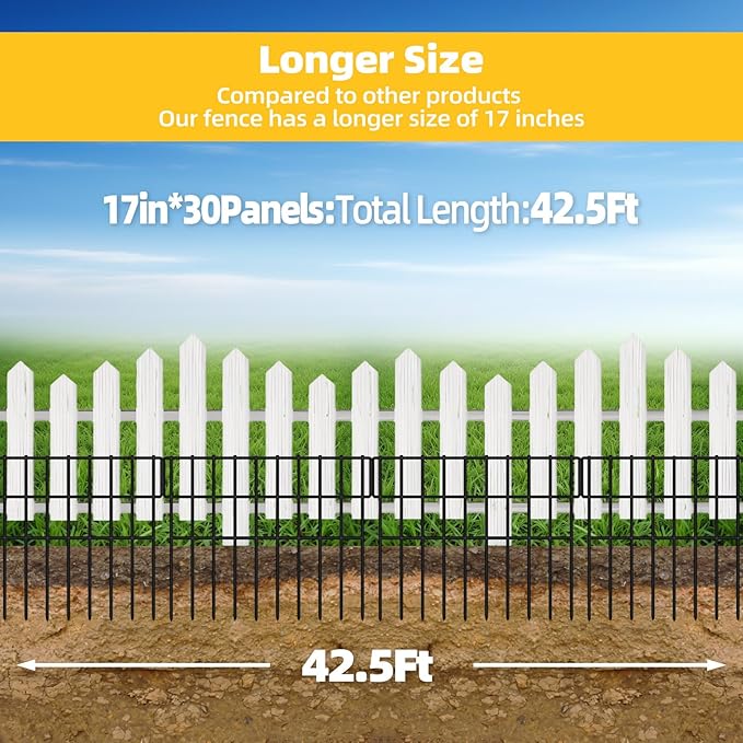 30 Panels Garden Fence Animal Barrier, Animal Barrier Fences No Dig Fence, 42.5ft(L) x 13in(H) Dog Fencing Rabbit Fences, 1.5in Spike Spacing Rustproof Metal Fences Border for Outdoor Yard