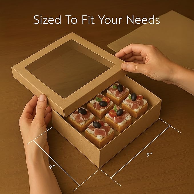 Restaurantware Cater Tek 9 x 9 x 2.4 Inch Catering Boxes 10 Insert Tab Lock Baked Goods Boxes - Window Lids Easy Assembly Kraft Paper Window Pastry Boxes For Charcuterie Or Cupcakes