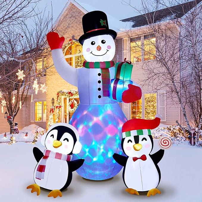 8ft Christmas Inflatables Outdoor Christmas Decorations, Inflatable Snowman Penguin Blow Up Yard Decorations with Rotating LED Lights for Yard Garden Lawn Xmas Holiday Decor