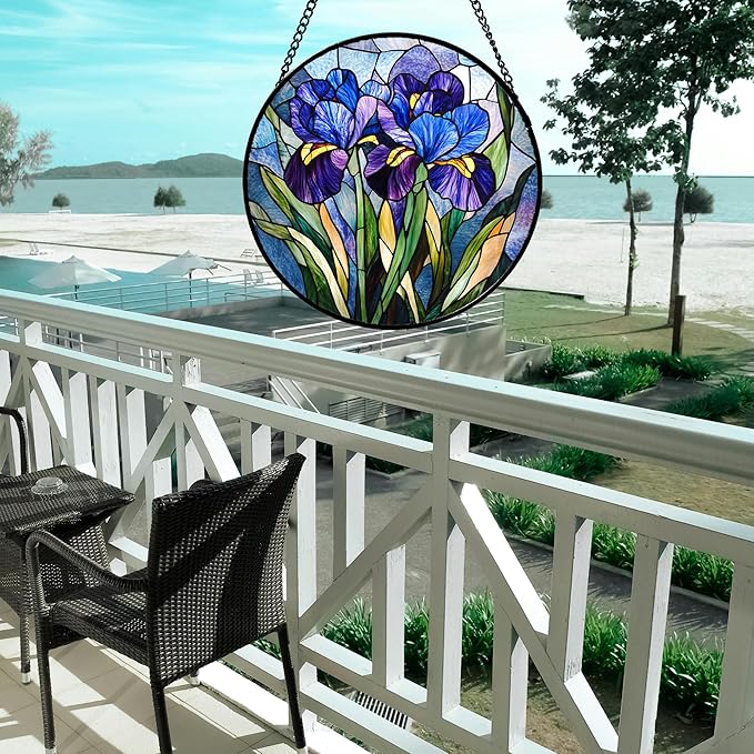 Stained Glass Window Hanging - Blue Purple Iris Flower Suncatcher for Door Garden Patio Sun Catchers Decor Christmas Mother's Day Birthday Gifts for Women Men Mom Nana Aunt Friend 15 in