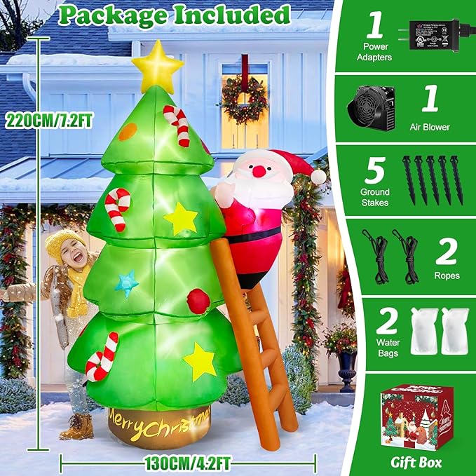 7 FT Tall Large Christmas Inflatables Santa Claus Tree Outdoor Decorations, Build-in LEDs Funny Xmas Blow Ups Yard Decoration for Winter Holiday Outside Garden Lawn Patio Indoor Party Inflated Decor