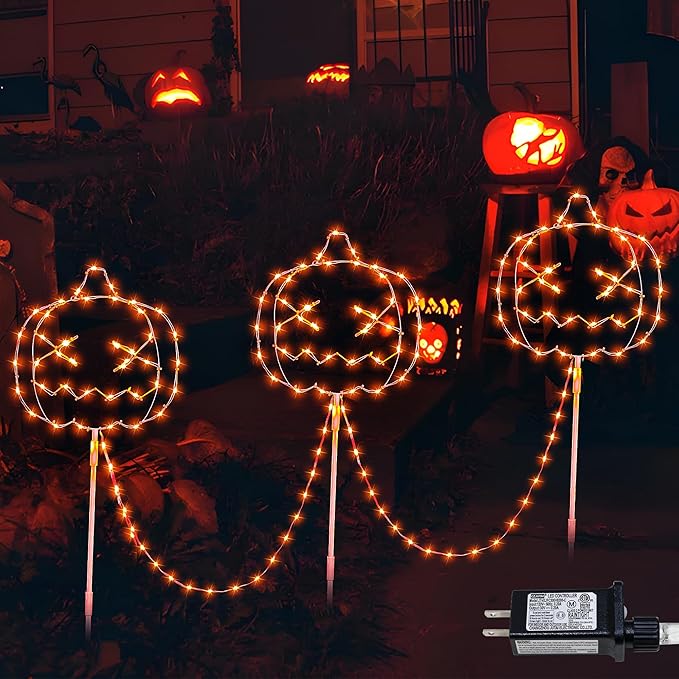 Halloween Walkway Lights,163LED Outdoor Pumpkin Decorations Light Plug in,Timer 8 Modes Garden Stake String Lights for Pathway,Fence,Patio,Yard,Party,Halloween Decor-Orange