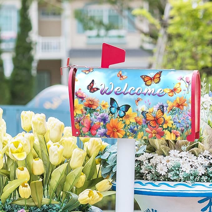 Spring Magnetic Mailbox Cover Yellow Floral Mailbox Cover Magnetic Standard Size 21 X 25.5 Inch Butterfly Flower Welcome Mailbox Post Cover Mailbox Wraps Mailbox Decor for Home Garden Outdoor Yard
