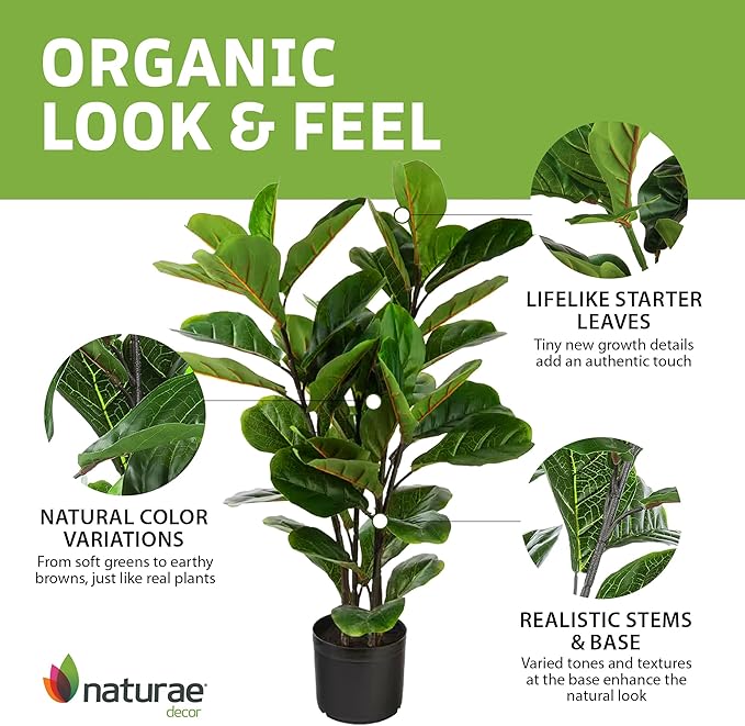 Naturae Decor Artificial Fiddle Leaf Fig Tree - 35-inch Ficus Lyrata Tall Faux Plant in a Black Pot - Realistic, Color Lock, Durable - Indoor or Outdoor Use - Modern Decoration for Home or Office
