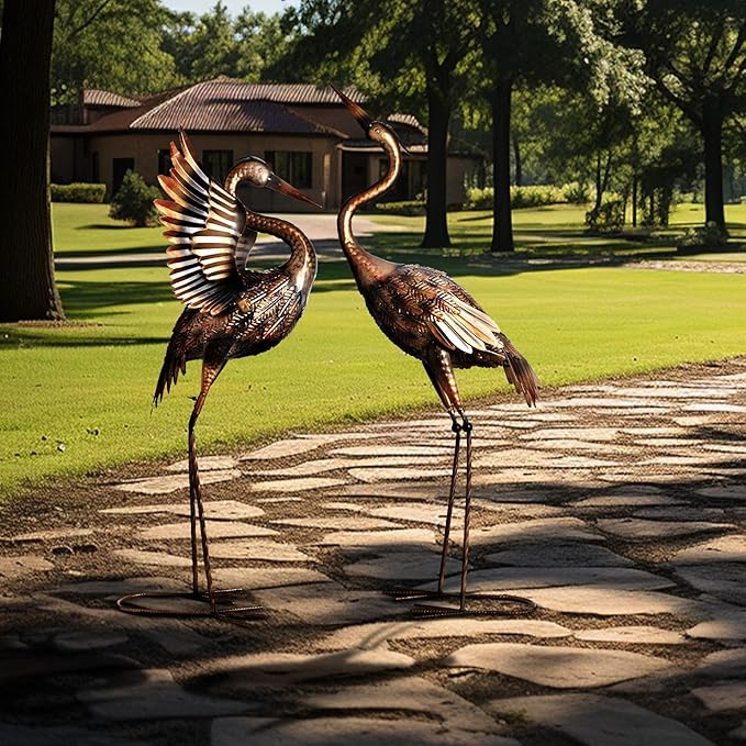 TERESA'S COLLECTIONS Yard Decorations Outdoor Garden Statues, Brass Metal Crane Yard Art, 33-39" Lawn Ornaments for Backyard,Outside Porch,Patio,Heron Decoy Bird Garden Decor,Set of 2,Gifts for Mom