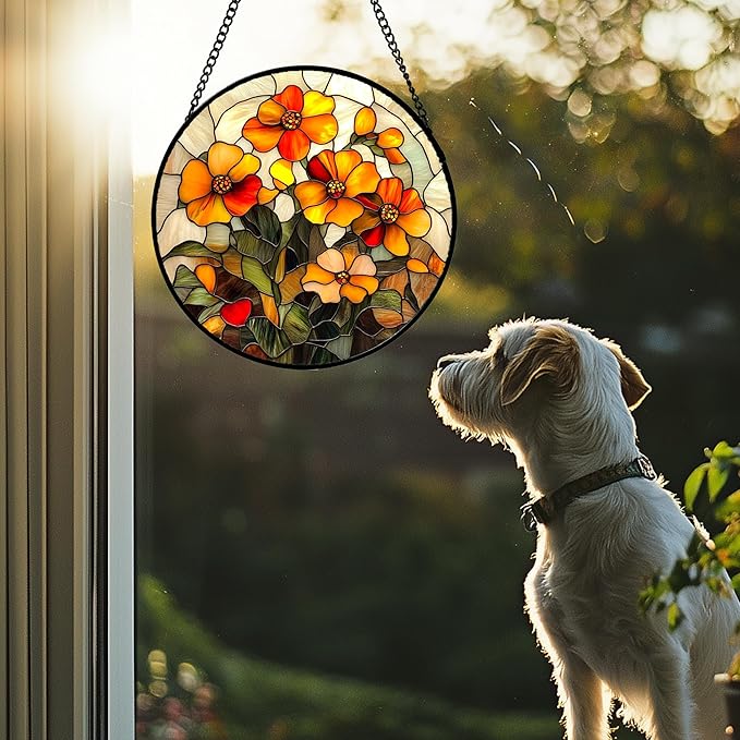Stained Glass Window Hanging - Orange Marigolds Flowers Suncatcher for Door Garden Yard Sun Catchers Decor Christmas Mother's Day Birthday Gifts for Women Mom Nana Girlfriend Men 7.8 in