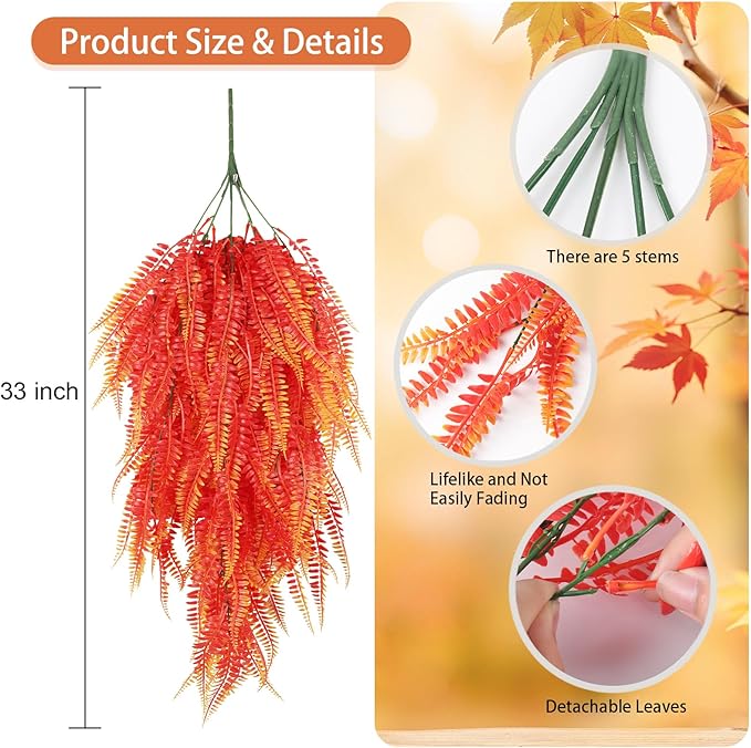RECUTMS Artificial Hanging Plants 4Pcs Fake Boston Fern Real Touch Faux Greenery Leaves UV Resistant Plastic Ivy Vines for Patio Wall Home Garden Wedding Indoor Outdoor Decor (A-Gold)