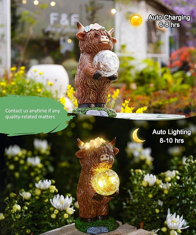 Solar Highland Cow Outdoor Decor:Garden Statue Sculpture Lamp with Ball for Yard Lawn Balcony Patio Porch- Birthday Gifts for Mom Women Grandma(Brown)