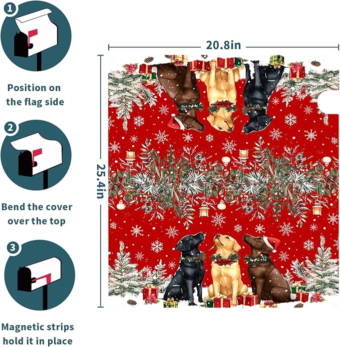 Christmas Dog Mailbox Cover with Magnetic 25.5x21 Inch Xmas Puppy Trees Winter Snowflakes Waterproof Mailbox Wrap Letter Post Cover Large Size for Garden Yard Outdoor New Year Decor