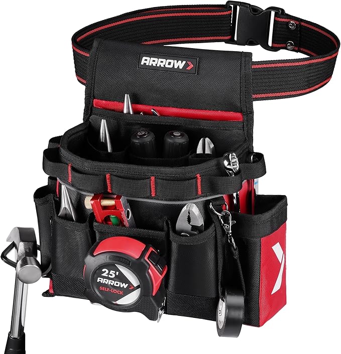 ARROW Tool Belt Heavy-Duty, Electrician Tool Pouch with 10 Pockets, 840D Oxford Fabric, Utility Belt with Hammer Holder, Adjustable Tool Belts for Men Women Electrician Carpenter, Construction