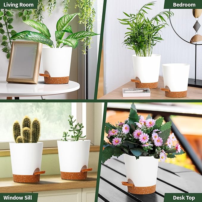 4 inch Small Plant Pots for Outdoor Indoor Plants, 5 Pack Planters with Drainage Holes and Tray, Small Self Watering Pots for Succulent,Cactus, Aloe and Other Plants (White)