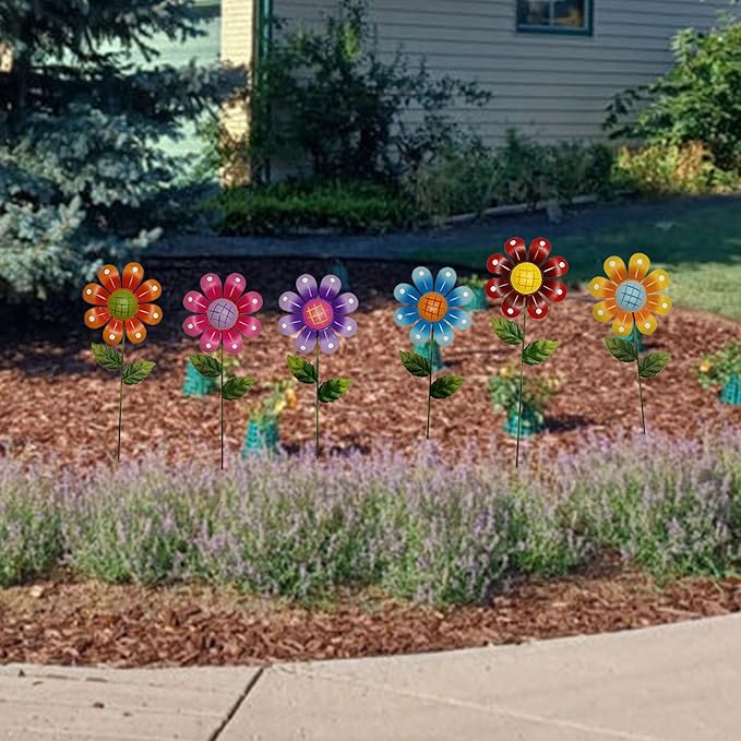 Metal Garden Flower Stakes, 16.5 Inch Decorative Outdoor Stakes with Colorful Flower Heads, 6 Pack Garden Yard Art Decor