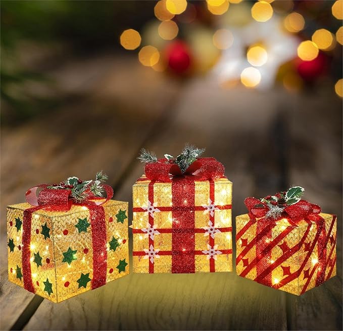 [Ultra-Large 15"x13"x10.5" Christmas Set of 3 Lighted Gift Boxes Decorations Pre-lit 91 Super-Bright LED with Flashers,for Indoor Outdoor Pathway Holiday Party Home(Warm White)