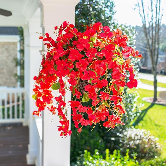Artificial Hibiscus Fake Hanging Flowers Plants for Outdoors Spring Summer Decoration, 2pcs Red Silk Hibiscus Long Trailing Vines UV Resistant Realistic Faux Flower for Outside Front Door Porch Patio