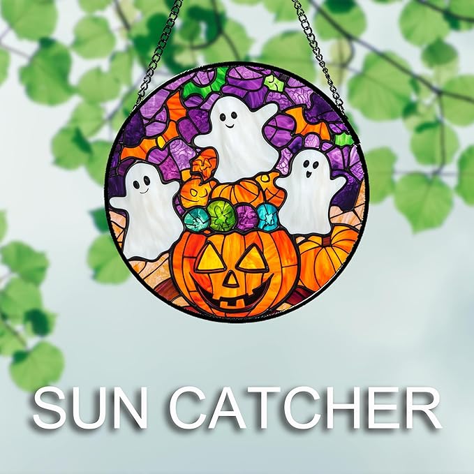 Stained Glass Window Hanging Halloween Horror Pumpkin White Ghost 9.8" - Suncatcher Door Garden Sunroom Gothic Style Sun Catcher Birthday for Friend Mom Men Woman Nana