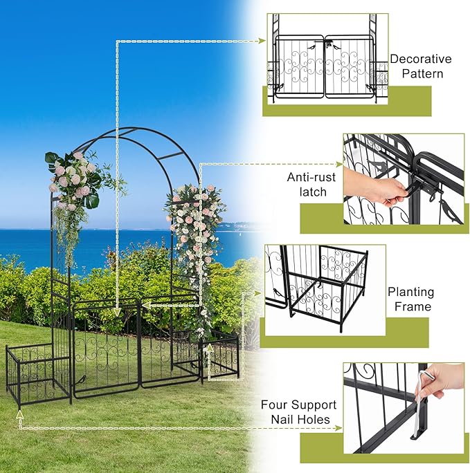 VINGLI Garden Arbor Arch with Gate and Planter Box, Wedding Arch Archway for Ceremony Party, Trellis for Plant Climbing, Christmas Decorations Pergola for Backyard, Lawn, Patio, Yard