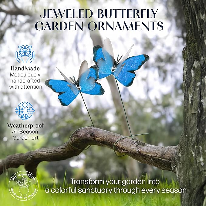 Handmade Sky Blue Butterfly Garden Stakes Set of 7 - Decorative Outdoor & Indoor Plant Decor - Nature Lover Gift Idea by Air Aquarium Kushner