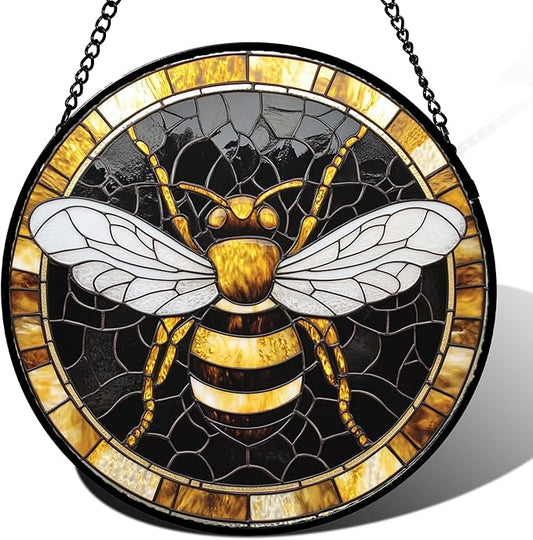 Stained Glass Window Hanging - Black Gold Bee White Wings Sun Catcher for Door Home Decor Insect Suncatcher Christmas Mother's Day Birthday Gifts for Women Men Lovers Mom Nana 7.8 in
