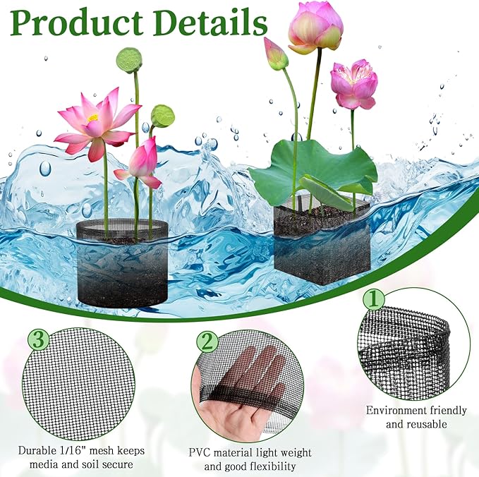 6 Pcs Aquatic Planting Bags, 3 Round and 3 Square 7.1" Reusable Mesh Water Gardens Plant Pots, Aquatic Plants Growing Container with Handles, Breathable Lily Pots for Bog and Terrestrial Plants