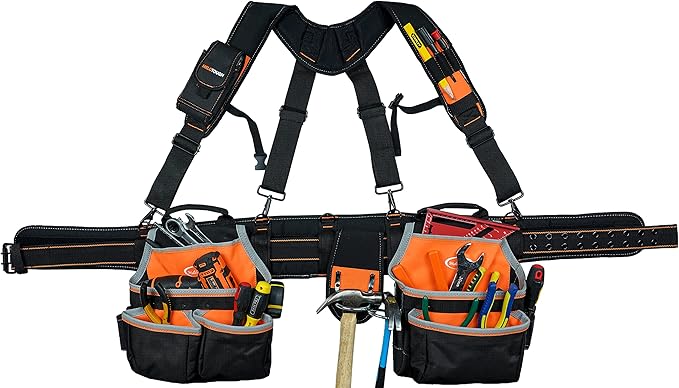 MELOTOUGH Pro Framer Combo System Tool Belt with Suspenders Construction Tool Pouch Builder Heavy Duty Carpenter Suspension Rig Tool Belt and Multi Function for electrician, roofing,contractor