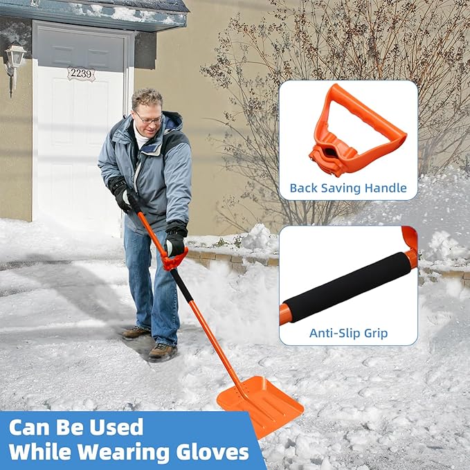 Snow Shovel, 69 Inch Adjustable Handle Snow Shovel for Driveway Large Capacity Shovel with Ergonomic Back-Saving Tool Handle for Car Emergency Camping Garden, Orange