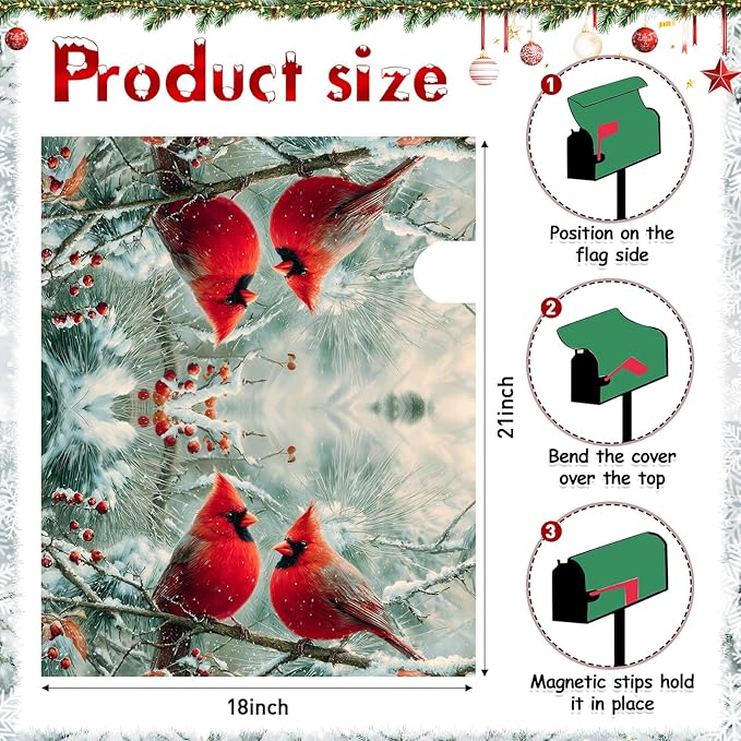 Blosssound Christmas Mailbox Cover Magnetic Standard Size 21 x 19 Inch, Winter Mailbox Cover Xmas Tree Decorative Post Letter Box Decor for Garden Yard Outdoor (Cardinal)