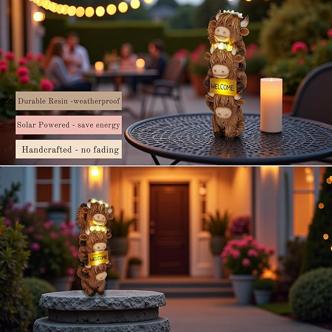Solar Outdoor Figurine Lights Gnome Garden Decor Statue with LED Lantern, Glowing Fairy Yard Decorations for Outside Patio Yard Front Porch, Housewarming Home Decor Gifts Thanksgiving (Brown Cows)