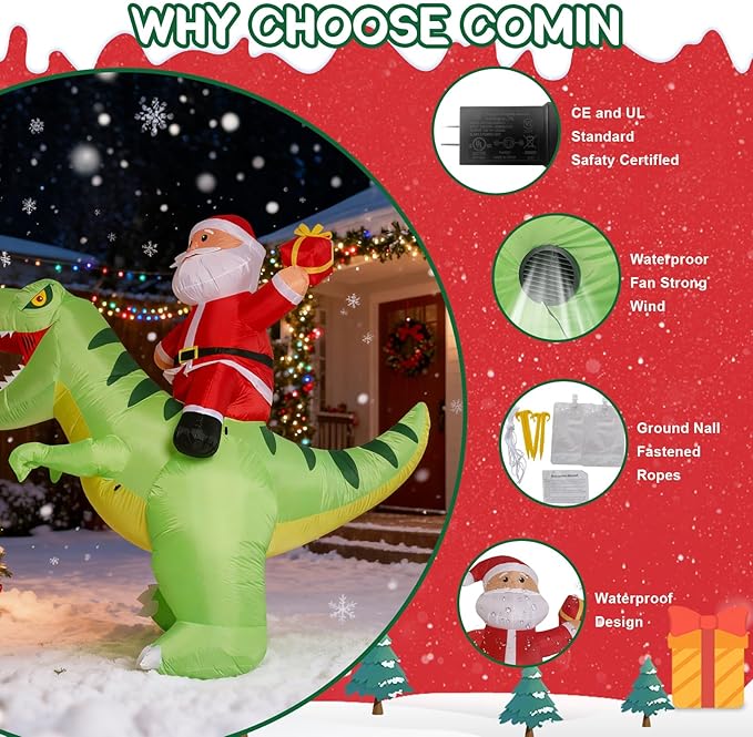 8.7x8FT Christmas Inflatable Santa Claus Ride on Dinosaur, Christmas Inflatables Santa Outdoor Decoration with LED Lights, Inflatable Christmas Decorations Xmas Party Decor