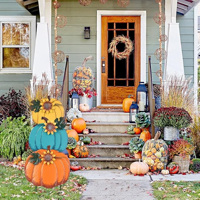 PHITRIC Fall Decorations for Home Outdoor, 3 Stacked Pumpkins Decorative Garden Stakes for Fall Decor, Metal Yard Signs for Outside Garden Yard Porch Lawn Thanksgiving Decorations