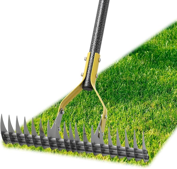 Thatch Rake, 19-Tine Lawn Leveling Dethatcher Rake with Long Adjustable Steel Metal Handle, 55“ Gardening Tools for Loosen The Soil,Laying Sod, Removing Thatch and Cleaning Leaves