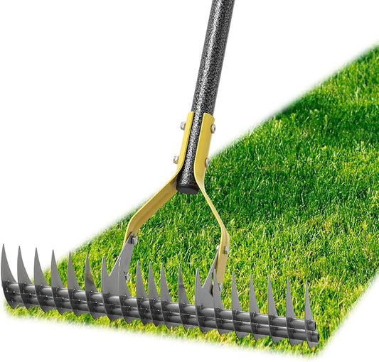 Thatch Rake, 19-Tine Lawn Leveling Dethatcher Rake with Long Adjustable Steel Metal Handle, 55“ Gardening Tools for Loosen The Soil,Laying Sod, Removing Thatch and Cleaning Leaves
