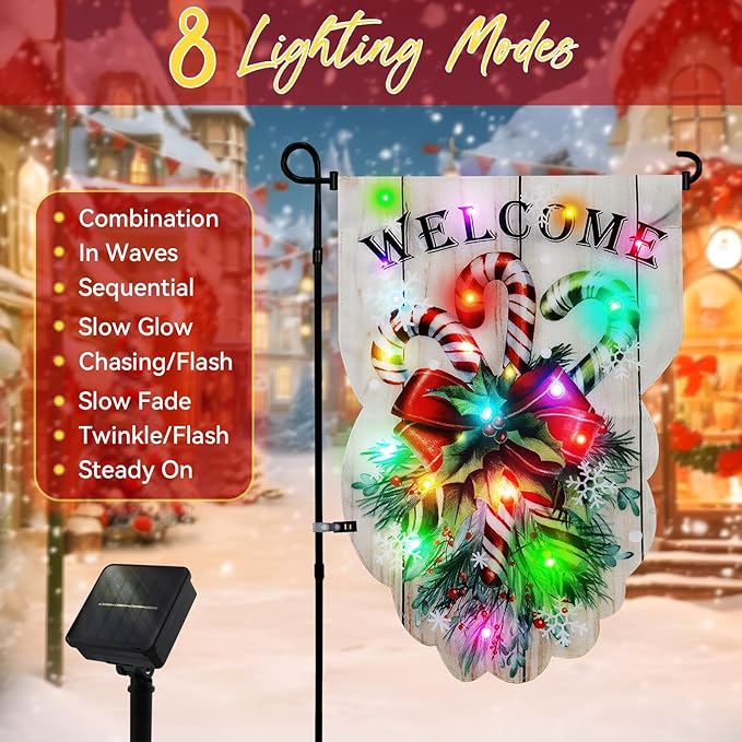 Lighted Christmas Garden Flag - 18x13-inch Waterproof Outdoor Christmas Decoration with 24 Glow-in-The-Dark LED in 8 Patterns, Perfect for Yard, Porch, and Lawn Decorations