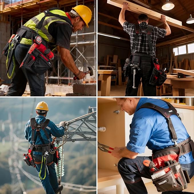 HAUTMEC Professional Tool Belt with Suspenders, 19 Pockets, Heavy-Duty 1680D Work Belt with Adjustable Padded Waist & Shoulder Support, Phone Pouch, Hammer & Tape Holder – HT0400