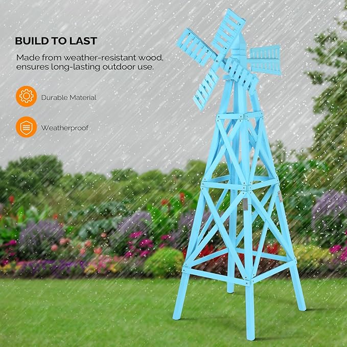 Wooden Windmill, Weather-Proof Wind Spinner, Outdoor Wind Mill for Garden Lawn Patio Decoration (Blue, Large)