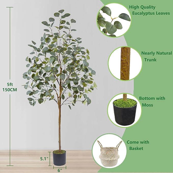 Artificial Eucalyptus Tree, 5ft Tall Mordern Fake Eucalyptus Plant with Basket, Green Silk Leaves Perfect Faux Trees for Home Office Livingroom Floor Decor Indoor Outdoor