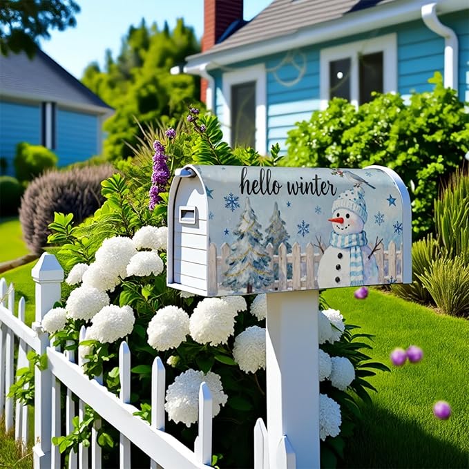 Hello Winter Snowman Mailbox Covers Magnetic Standard Size Xmas Tree Snowflake Cardinal Bird Christmas Holiday Outdoor Decorative Seasonal Letter Box Cases for Home Garden Outside Decor, 21x18 Inch