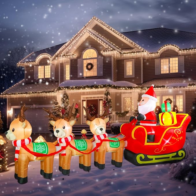 WONDER GARDEN 12FT Christmas Inflatable Outdoor Decorations with Santa Claus on Sleigh and Reindeer Christmas Blow Up Yard Decorations with LED Lights for Xmas Holiday Party Garden Patio Lawn Decor