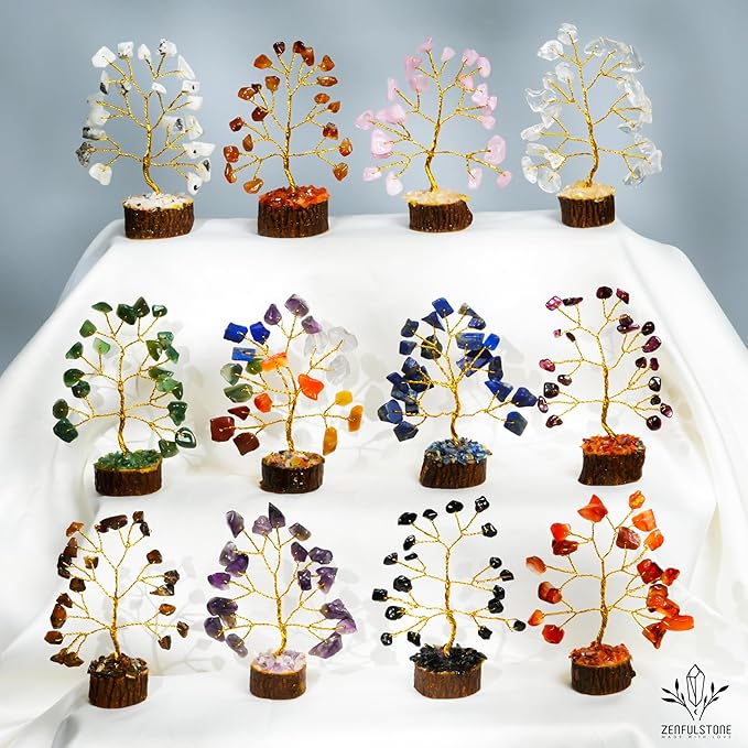 Crystal Tree Gifts for Women, Set of 12 Handcrafted Small Tree of Life Chakra Healing Crystals & Stones for Positive Energy, Good Luck, Home and Office Decor, Birthday Presents