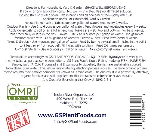 GS Plant Foods Organic Liquid Fish Fertilizer - Natures Growth Boost, OMRI-Certified, Hydrolyzed, Fish-Based, Organic Gardening Solution, 1 Quart