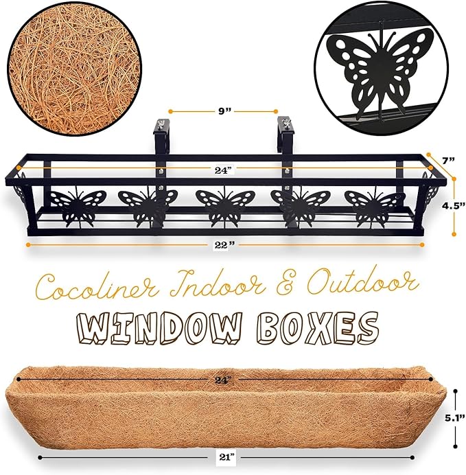 Window Box Railing, 24IN Black Metal Hanging Flower Planter Basket with Coco Liner for Outdoor Balcony Porch Fence Patio for Home, Office and Hotel (Black - 4 Pcs/Set)
