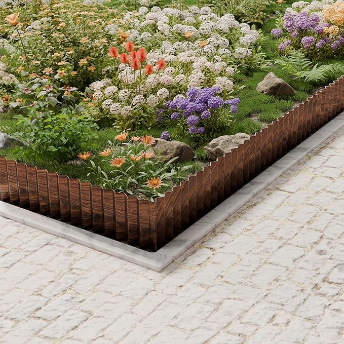 SnugNiture Corrugated Metal Garden Edging,12" x 20' Sturdy Lawn Edging Border,Landscape Edging Border for Lawn, Flower Bed,Garden and Yard(Brown)