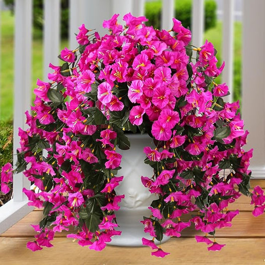 Sggvecsy Artificial Fake Hanging Flowers Plants for Outdoor Outside Spring Summer Decoration 4PCS Faux Silk UV Resistant Realistic Morning Glory Trailing Vines for Home Porch Patio Balcony(Purple red)